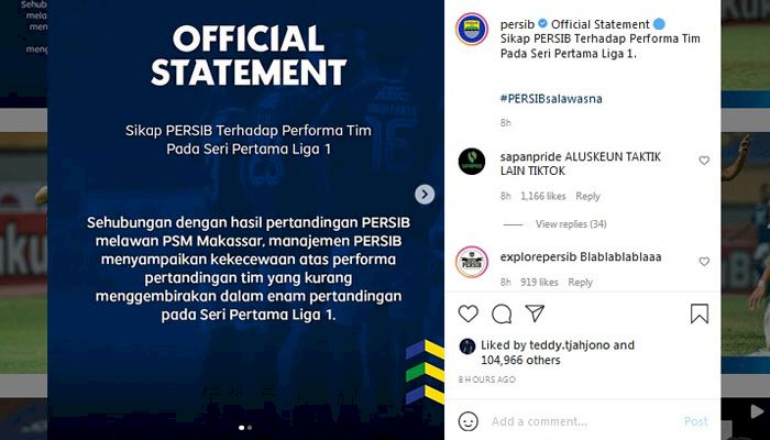 Bobotoh Curhat di Instagram Persib: ALUSKEUN TAKTIK LAIN TIKTOK 